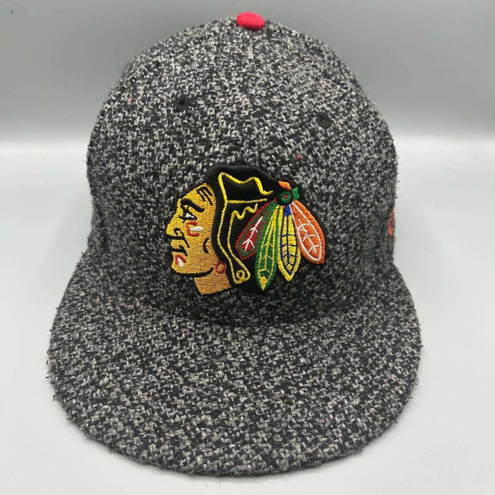 Chicago Blackhawks Hat Men 7 3/8 Black Gray NHL 59Fifty New Era Fitted Cap Wool